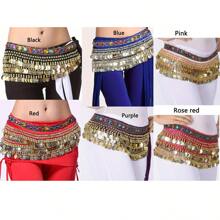 1pc Ladies' Belly Dance Waist Chain, Dance Costume Accessories, Three Layers Velvet Coin Belt, Hip Scarf, Festival And Performance Wear Boho Halloween Summer, School Fall, Autumn, Halloween - Multicolor - View 12