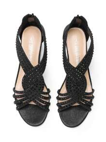 Women's Wedge Sandals Open Toe Rhinestone Fashion Comfortable For Party Wedding Dress Summer Shoes - 黑色 - 查看 8