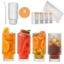 Ribbed Glass Cups With Straws 11oz, Drinking Glasses ,Ribbed Glassware, Cocktail Glasses - White - View 8