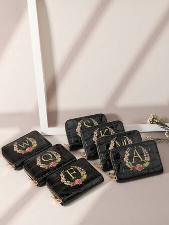 字母套装，配水彩花朵和树叶 时尚印花拉链，多卡位卡片收纳盒，用于存储信用卡，轻便多层便携式身份证信用卡，简约时尚，现代商务，周年纪念，生日礼物，女孩礼物，女士礼物，女包，学校用品，宿舍和返校，高品质皮革，女士钱包，钱包，小钱包