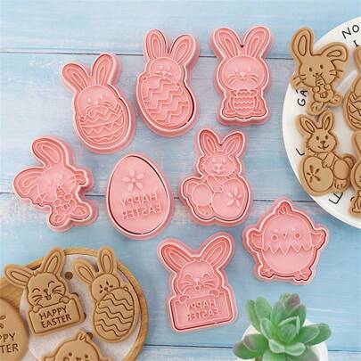 8pcs/Set Easter Cookie Mold (Design A), Cartoon Bunny, Resurrection Egg, Biscuit Stamp, Fondant Decorating Tool