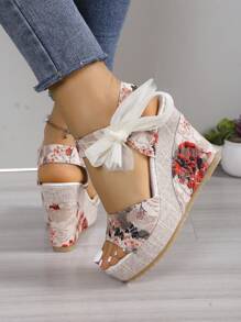 欧洲女式厚底坡跟凉鞋，带环绕式缎带，2024春夏新款户外休闲露趾一脚蹬拖鞋，性感造型鞋，彩色花朵装饰沙滩度假鞋，舒适露趾设计 - 紅色 - 查看 5