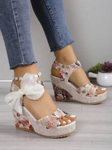 欧洲女式厚底坡跟凉鞋，带环绕式缎带，2024春夏新款户外休闲露趾一脚蹬拖鞋，性感造型鞋，彩色花朵装饰沙滩度假鞋，舒适露趾设计 - 紅色 - 查看 2