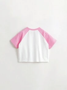 MARC&JANIE Young Girls' Casual & Sporty Quick-Drying Color Block Letter Printed Raglan Sleeve Round Neck T-Shirt, Summer - Pink - View 6