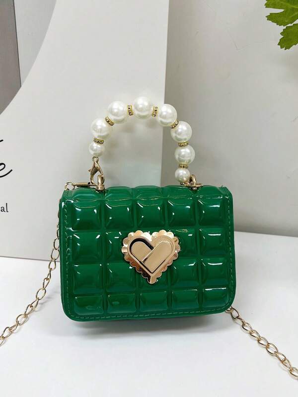 Checkered Mini Pearl Chain Handbag Crossbody Shoulder Bag For Kids