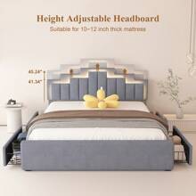 Benevika Bed Frame With Adjustable Headboard, Upholstered Platform Bed With 4 Stoarge Drawers And LED Lights, Luxurious Velvet, 60,000 Color, App Or Remote Control, Easy Assembly - Xám - Xem 4