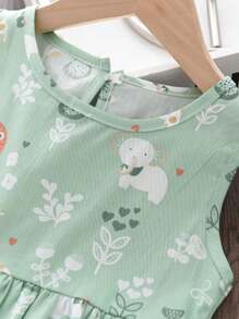 年輕女孩卡通獅象印花無袖連衣裙，夏季款 - 綠色 - 查看 5