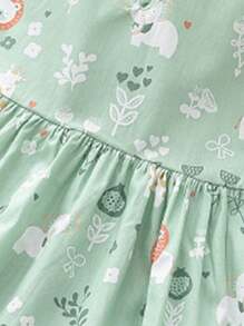 年輕女孩卡通獅象印花無袖連衣裙，夏季款 - 綠色 - 查看 4