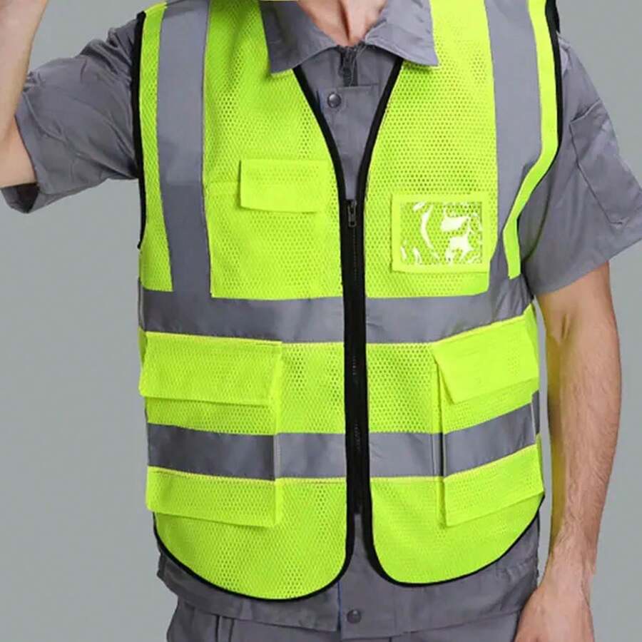 Colete faixa Sinalizador Refletivo EPI Segurança Trabalho Blusao Fluorescente Obra Bolsos - Amarelo - Visão 1