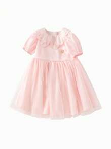 Balabala 少女夏季甜美蓬鬆網紗圓領泡泡袖公主連衣裙粉色 - 粉色 - 查看 1