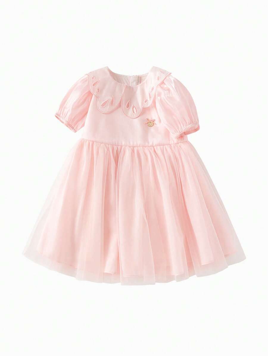 Balabala 少女夏季甜美蓬鬆網紗圓領泡泡袖公主連衣裙粉色 - 粉色 - 查看 1