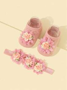 女婴花朵装饰公主风格头带 1 件 + 防滑地板袜（适合初学走路的婴儿）1 双 爱情情人节