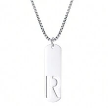 1pc Rectangle Tag English Letter Pendant Silver Tone 60cm Long Chain Necklace, Unisex - Silver - View 9