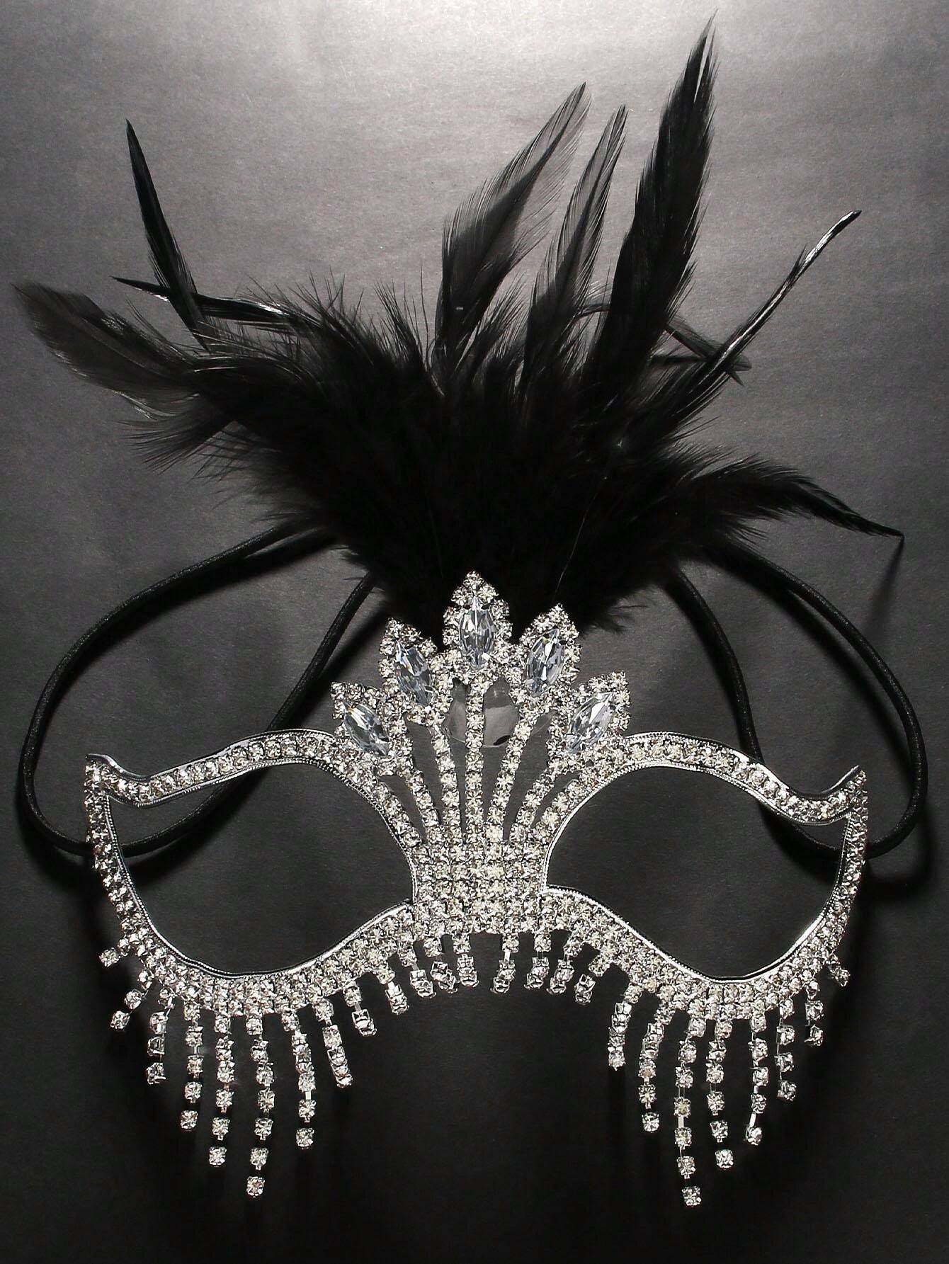 A Silvery Feathers Rhinestone Tassel Mask Women Party