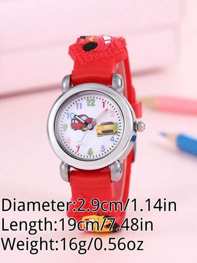 1pc Kids Royal Blue Plastic Strap Cute Car Pattern Round Dial Quartz Watch, For Daily Life