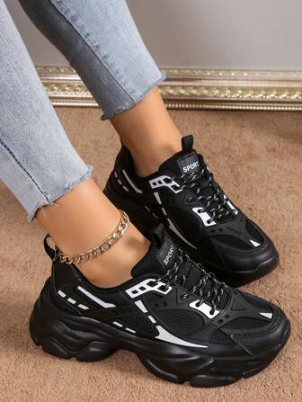 Women's Leather & Mesh Contrast Thick Bottom Sports Shoes, Lace-Up Outdoor Breathable Casual Running Shoes, Anti-Slippery Fashionable Sneakers