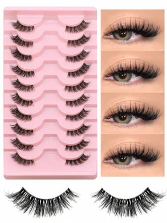 GROINNEYA 10 Pairs Short 3D Faux Mink Lashes With Transparent Band, Cat Eye Style, Natural Look Eyelashes (JA2502)