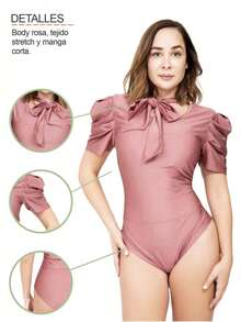 Body Suit Satinado Top Body Strech Manga Corta Cuello Redondo con Cintas Decorativas - Rosa - Ver 5
