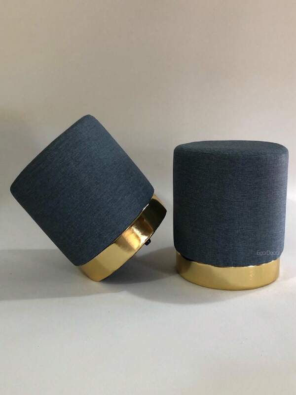 kit com 2 Puff com Base Dourada Banqueta Azul