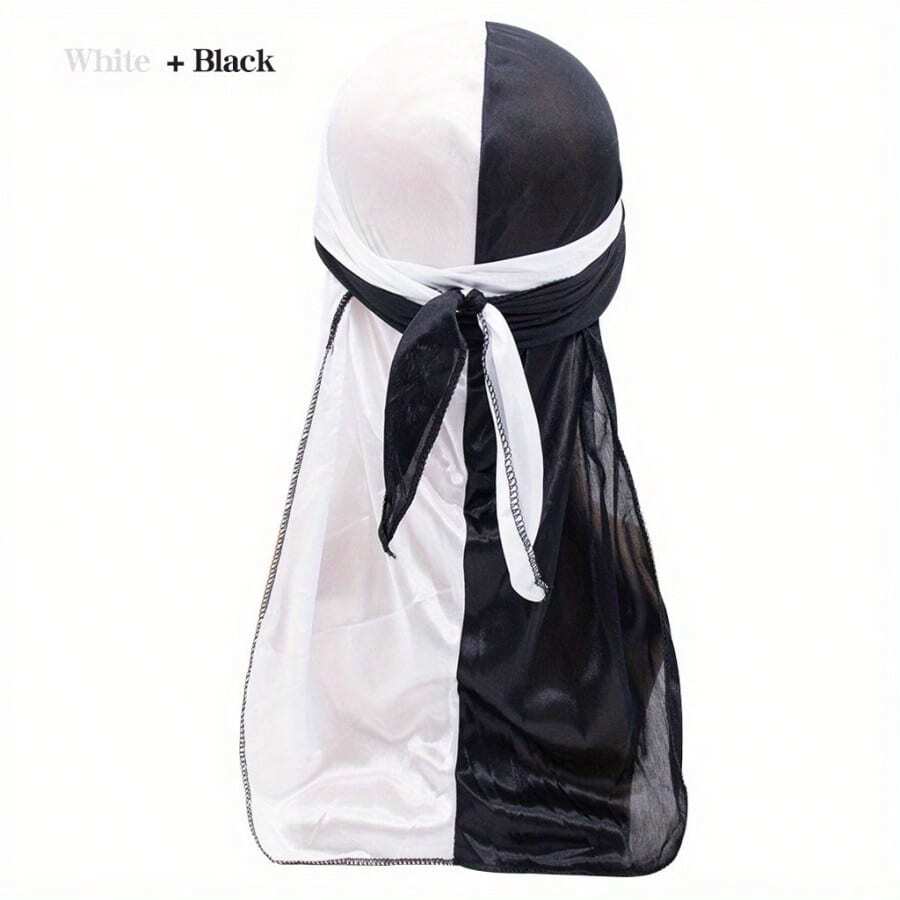 Mượt Durag , Châu Âu và Châu Mỹ Phong cách Màu tương phản Xa ten Đuôi dài Quấn đầu Mũ lưỡi trai , Đàn hồi Chăm sóc tóc Cướp biển Mũ - Đen và trắng - Xem 1