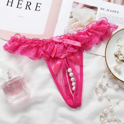 1入組女士按摩仿珍珠情趣蕾絲性感開档丁字褲