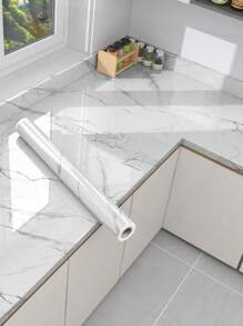 1 Roll White Marble Pattern Kitchen Countertop Oil-Proof Stickers, Waterproof Stove Marble Durable High-Temperature Film, Mold Damp-Proof Surface Table Refurbished Sticker - Black and White - View 2