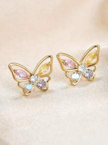 Kpop Corea Dulces Bonitos Pendientes de mariposa con stpiezas para mujeres niñas Verde rosa Cristal CZ Mini Pendientes elegantes de Bricons - oro rosa - Ver 11