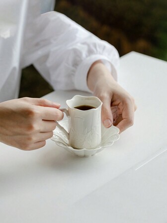 1pc Exquisite Relief Ceramic Coffee Cup Saucer Set, Home Espresso Cup & Dim Sum Dish, Chinese Style Afternoon Tea Cup