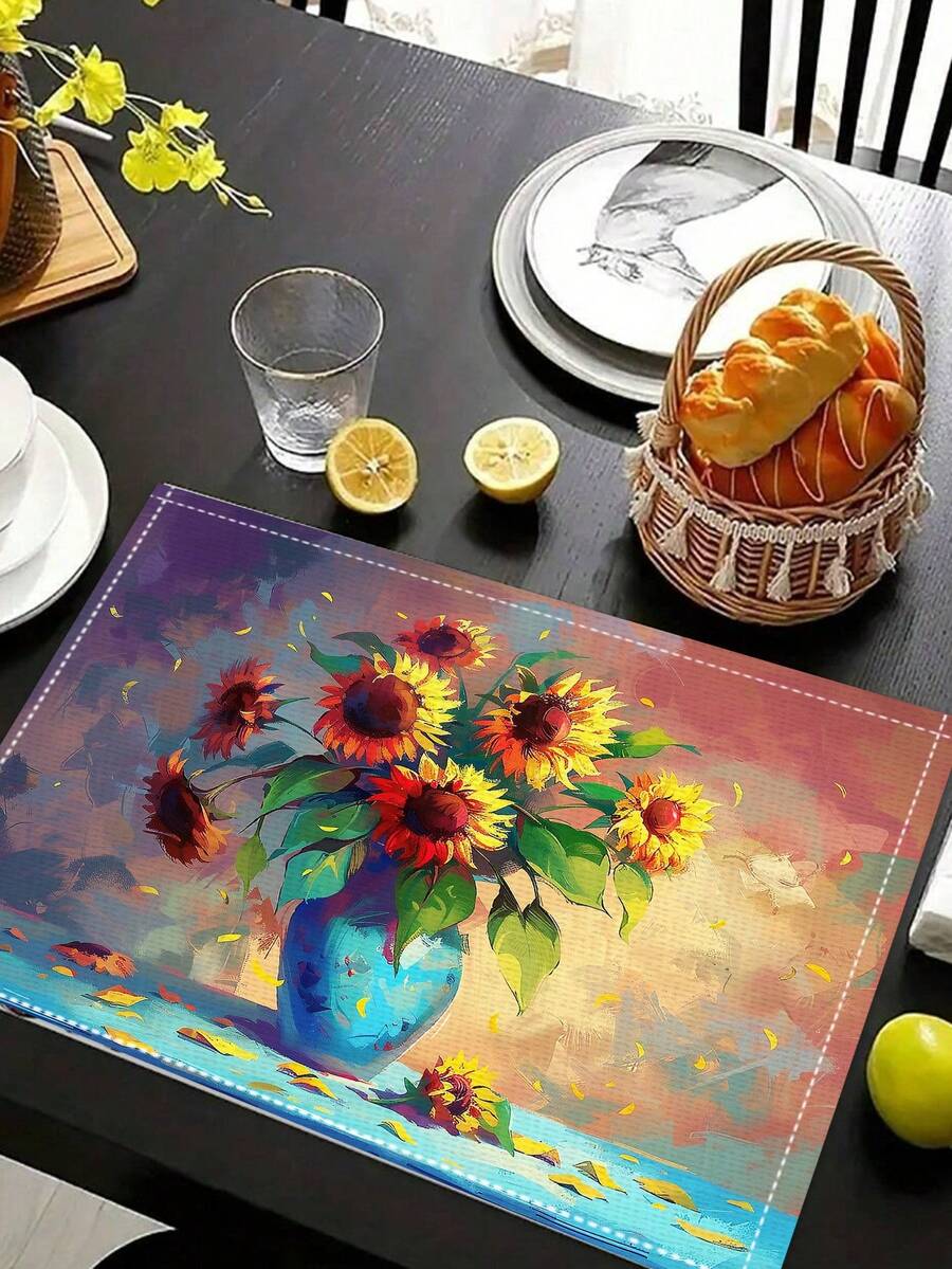 4pcs Phong cách Vintage Nhà nông Hoa hướng dương Bộ đệm ăn  , Chống nóng Ăn uống Bàn Vải , Đĩa nhỏ , Thích hợp Đối với Ngày lễ Các bữa tiệc , , Và Nhà  Hoặc Thương nghiệp Sử dụng In , , , Và Có thể giặt được Đối với Dễ - Xanh đậm - Xem 1
