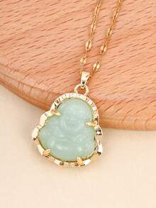 1pc Stainless Steel Chain Iced Out Crystal White Jade Necklace - Green - View 3