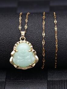 1pc Stainless Steel Chain Iced Out Crystal White Jade Necklace - Green - View 2