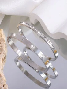 2 Pcs Gorgeous Exquisite Personalized Stainless Steel Love Single Row Drill Bangle Combination Suitable For Holiday Gift-Giving Ladies - Heart Diamond + Single Row Diamond Bracelet - View 7