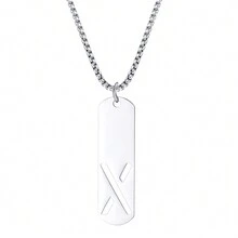 1pc Rectangle Tag English Letter Pendant Silver Tone 60cm Long Chain Necklace, Unisex - Silver - View 31