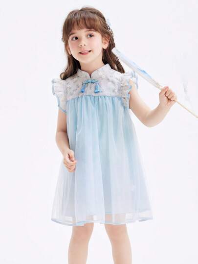 Balabala Young Girl Dresses Summer Retro Chinese Cheongsam Style Flower Lace Pattern Dresses Blue