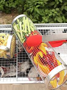 1pc Outdoor Rolling Stainless Steel Bbq Basket, Ideal For Grilling Meat And Vegetables - Silver - View 7
