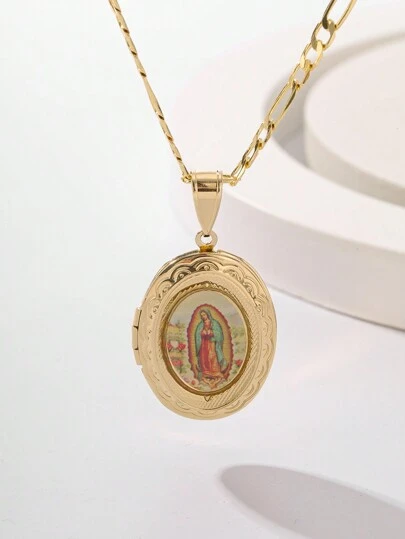 1pc Fashionable And Simple Hand-Painted Virgin Mary Aromatherapy Locket Pendant Necklace, Suitable For Gift-Giving, Couple, Friend, Daily Wear, Festival, Prayer