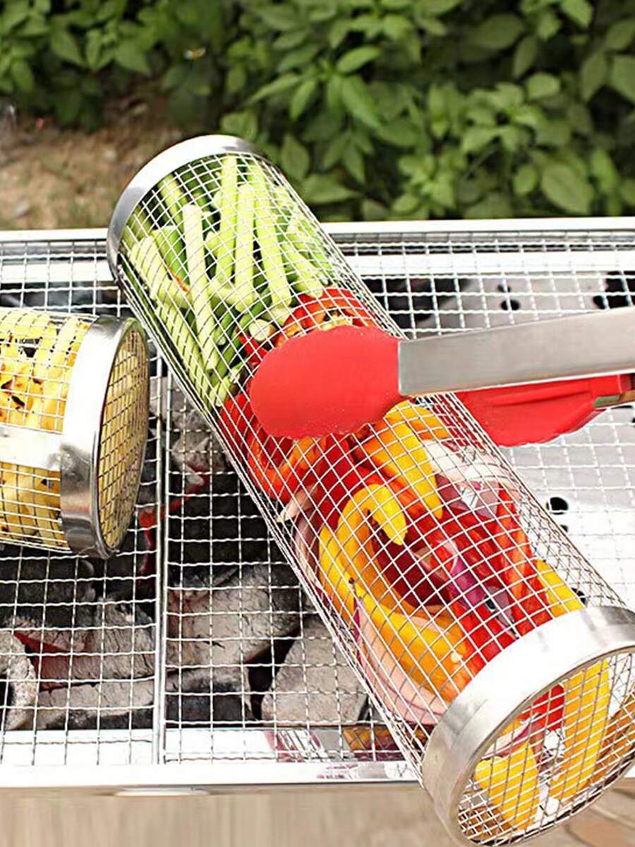 1pc Outdoor Rolling Stainless Steel Bbq Basket, Ideal For Grilling Meat And Vegetables - Silver - View 1