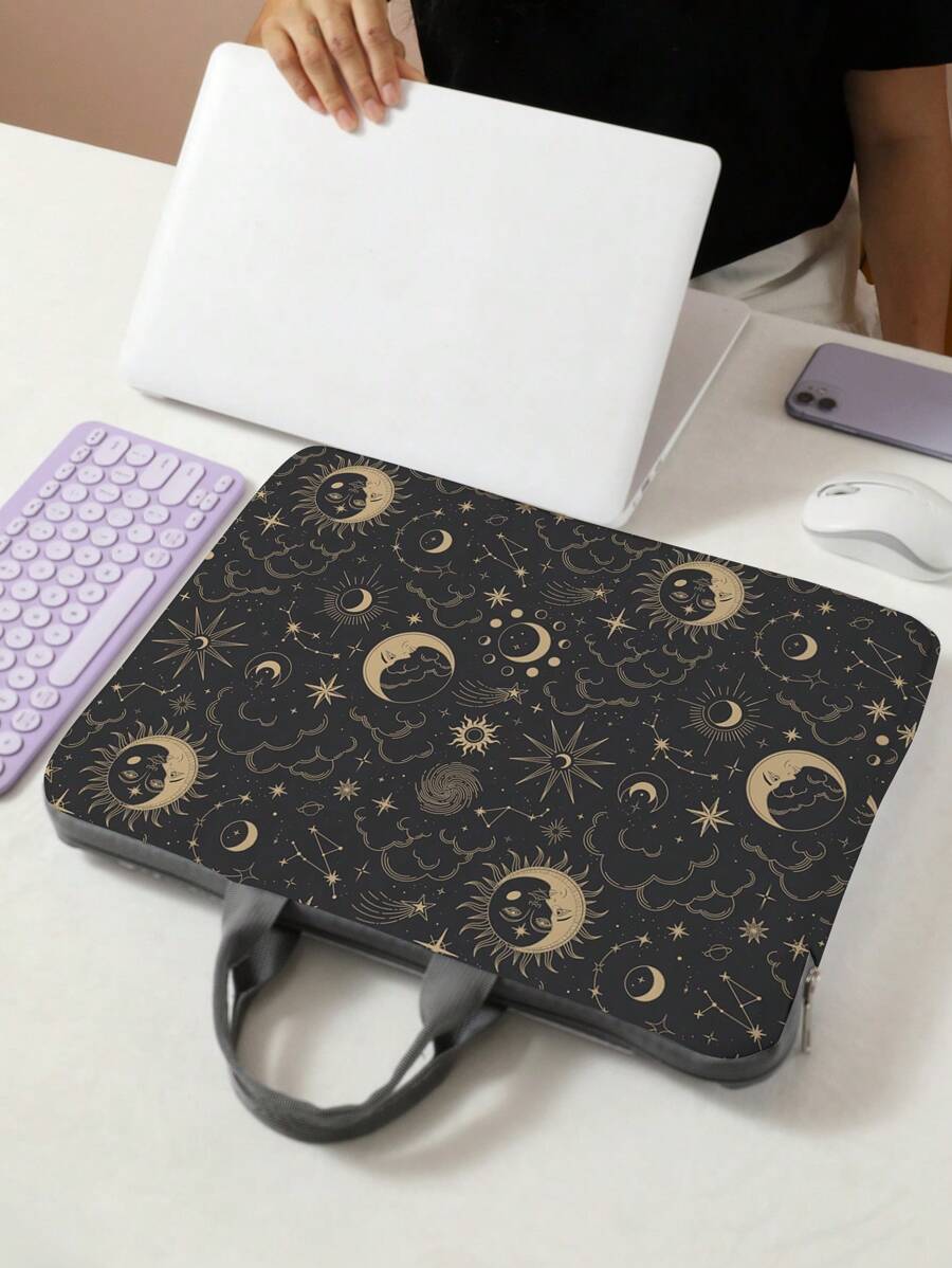 Star & Moon Pattern Laptop Sleeve, Laptop Bag, Laptop Case, Tablet Pouch, Laptop Zipper Sleeve, Computer Bag, School/Business/Office Laptop Bag, Classroom Organizer Bag - Black - View 1
