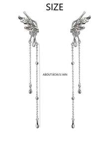 天使翅膀長款流蘇耳環 Y2k 復古無耳洞耳骨珠寶禮物,仿仙女蝴蝶耳環耳夾,優雅精靈風 - 銀色 - 查看 11