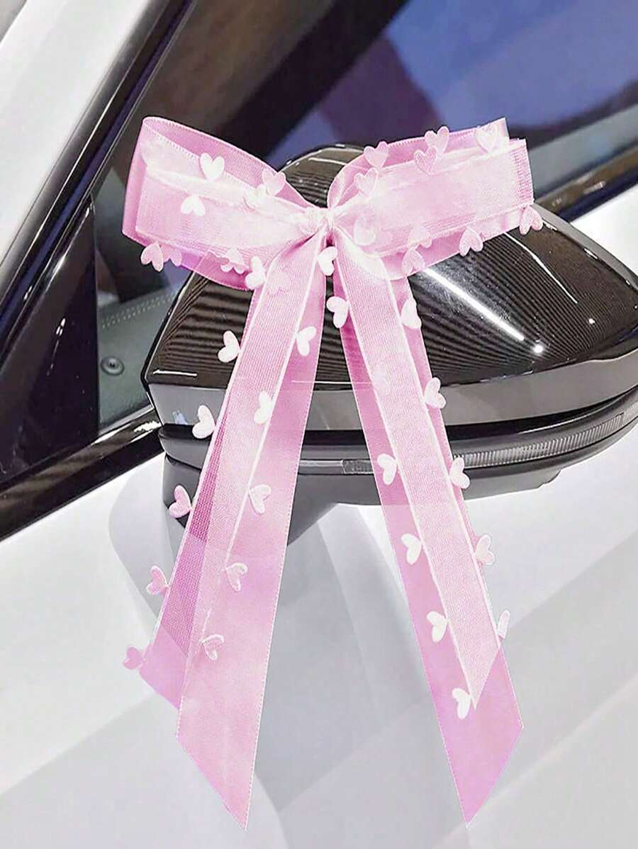 10pcs Pink Mesh Ribbon Heart & Bow Trail For Wedding/Party/Banquet/Car Mirror Decor/Flower Wrapping/Gift Decoration - Pink - View 1