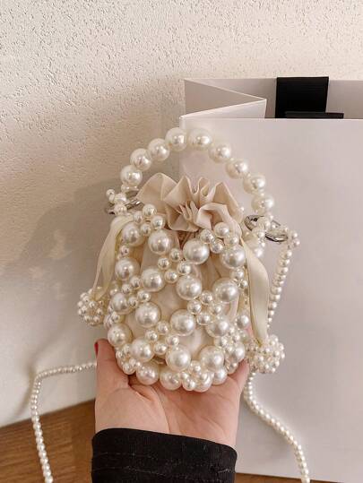 1pc Girls' Faux Pearl Beaded Small Bucket Bag With Independent Lining And Drawstring Closure, Cute Elegant Crossbody Bag For Spring, Summer, Gift Or Daily Wear Accessories