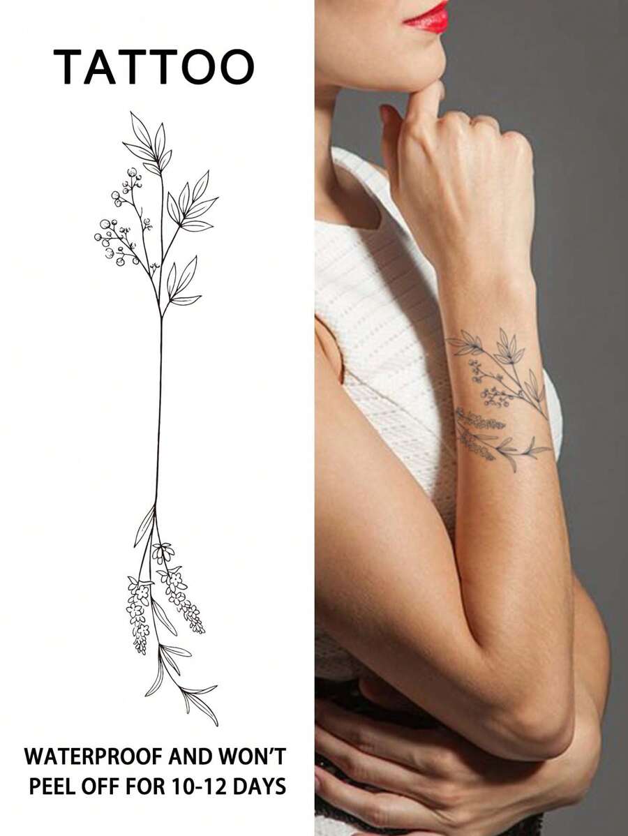 花卉手鍊臨時紋身貼紙,防水,可維持1-2週,逼真紋身色彩,性感極簡風格,一次性使用,適合女性手臂與手腕 - 黑色 - 查看 1