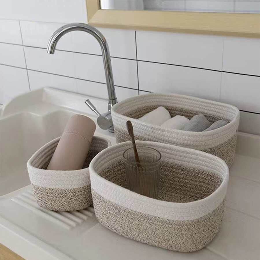 1pc Minimalist Woven Storage Basket With Rope Handle For Desktop And Cosmetic Organization - Grey - View 1