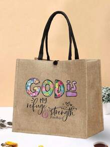 1入簡約字母印花手提袋，大容量手提袋適用於日常生活和旅行，文藝購物袋和女士或學生書包，適合攜帶書籍，購物等等 - 查看 4