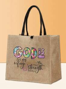 1入簡約字母印花手提袋，大容量手提袋適用於日常生活和旅行，文藝購物袋和女士或學生書包，適合攜帶書籍，購物等等 - 查看 1