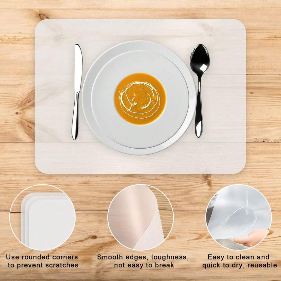 6pcs Transparent Plastic Placemats, Reusable Table Mats Suitable For Kitchen, Dining Room And Hotel - White - View 1