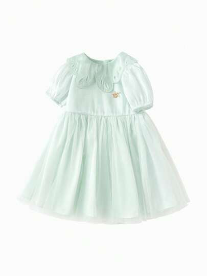 Balabala Vestidos de princesa dulces y esponjosos para verano para niñas jóvenes con cuello redondo y mangas abullonadas de malla en color verde