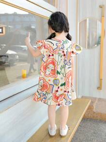 少女花卉和字母印花娃娃裝 - 彩色 - 查看 5