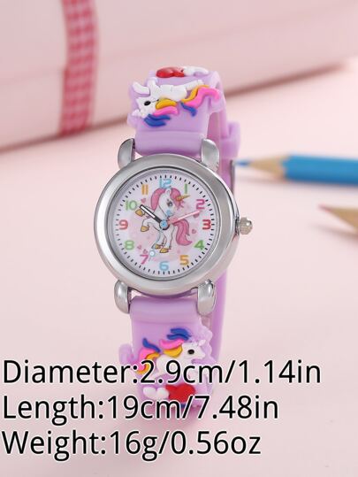 1pc Kids Unicorn Decor Silicone Strap Fashionable Round Dial Quartz Watch For Daily Decoration