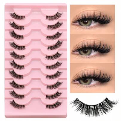 GROINNEYA 10 Pairs Short 3D Faux Mink Lashes With Transparent Band, Cat Eye Style, Natural Look Eyelashes (JA2502)